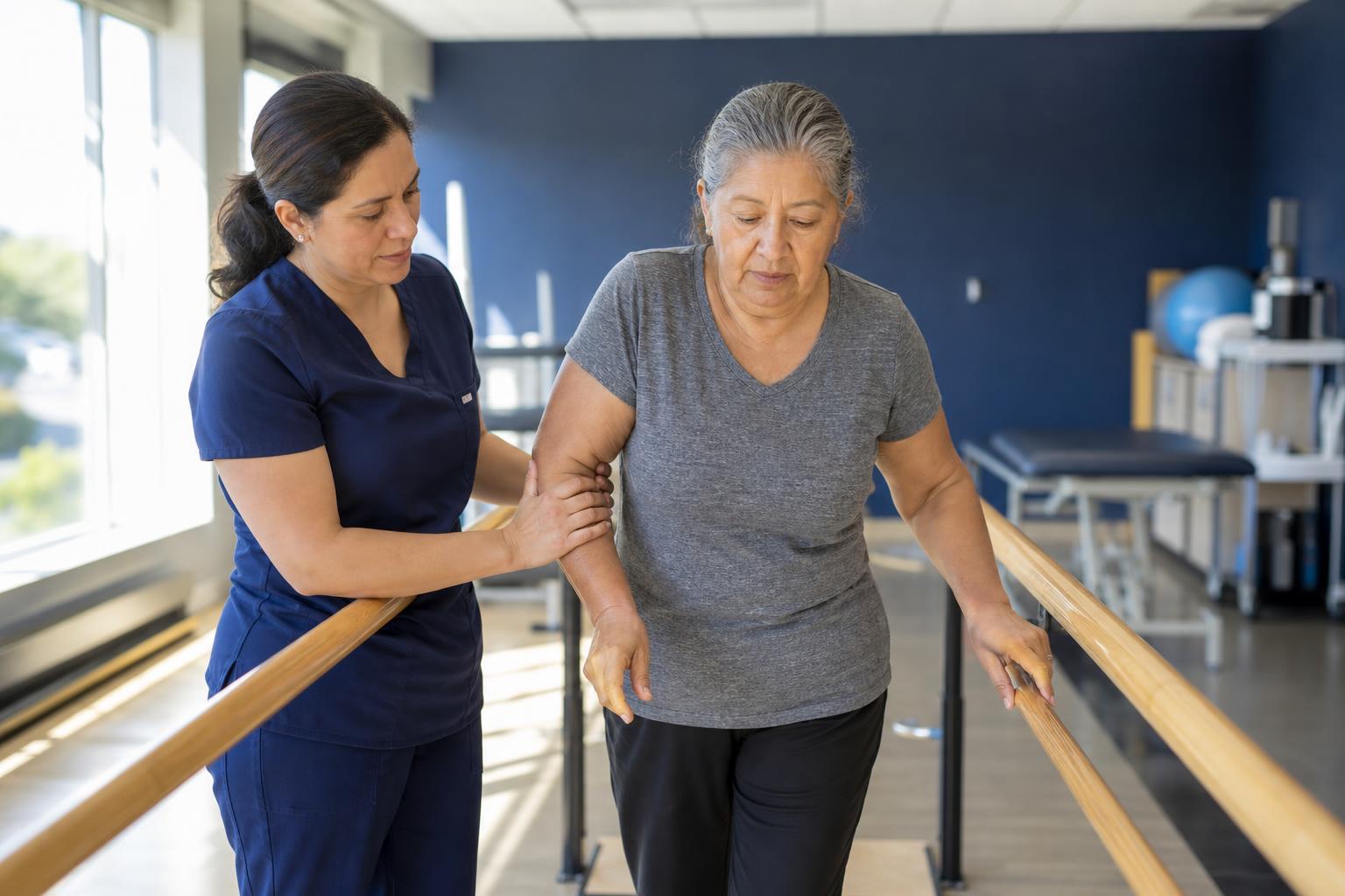 Physical therapist guiding an older patient through gait training at Horizon Physical Therapy
